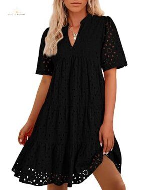 Boho Eyelet Mini Dress V-Neck Short Sleeve Flowy A-Line Cotton